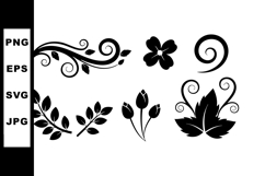 Black floral decorative elements vector with leaves and swir Product Image 1
