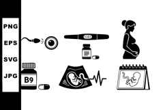 Pregnancy health icons with fetus ultrasound vitamin B9 inje Product Image 1