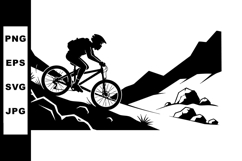 Mountain biker riding downhill on rocky terrain silhouette w Product Image 1