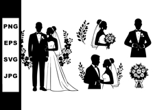 Wedding couple bride groom silhouettes holding bouquet and f Product Image 1
