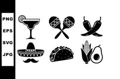 Mexican food and drink icons margarita taco sombrero chili a Product Image 1