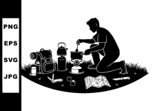 Silhouette of Man Preparing Camp Stove Outdoors with Backpac Product Image 1