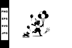 Child running with balloons and dog celebrating birthday wit Product Image 1