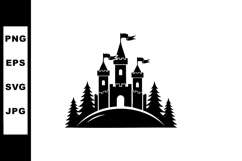 Silhouette Castle with Flags Surrounded by Pine Trees Vector Product Image 1