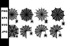 Spider web silhouettes with hanging spiders vector set in bl Product Image 1