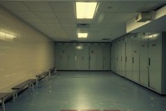 Empty school hallway with lockers and benches Product Image 1
