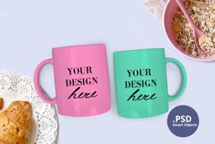2 Two mugs mockup PSD, Double mug mockup on breakfast table Product Image 3