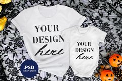 Halloween white t-shirt & baby bodysuit mockup, PSD mockup Product Image 1