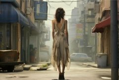 Mysterious woman walking in a hazy urban alleyway Product Image 1
