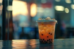 Cold bubble tea with tapioca pearls is sitting on table in c Product Image 1