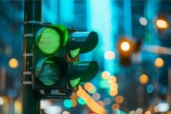 Illuminated green traffic light in urban night setting Product Image 1