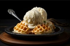 Gourmet waffles with vanilla ice cream on rustic table Product Image 1