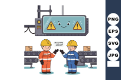 Factory workers discussing machine error alert on conveyor b Product Image 1