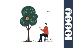 Man Sitting on Stool Feeding Bird Near Tree with Birdhouse a Product Image 1