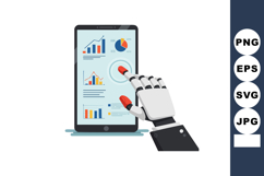 Robot hand interacting with data charts on tablet screen tec Product Image 1