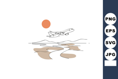 Airplane flying over minimal landscape with orange sun and b Product Image 1