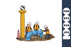Construction workers fixing large blue pipeline with safety Product Image 1