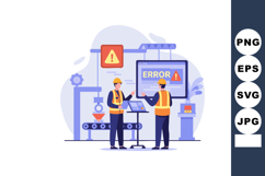 Factory workers managing machine error alert on industrial p Product Image 1