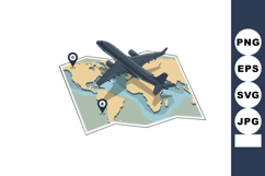 Airplane flying over world map with location pins for travel Product Image 1