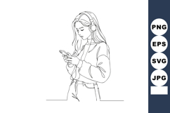 Young woman wearing headphones using smartphone black and wh Product Image 1
