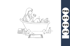 Woman Relaxing in Bathtub with Rubber Ducks and Bath Accesso Product Image 1