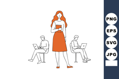 Woman in orange dress standing with two men working on lapto Product Image 1