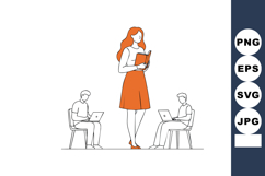 Woman standing reading book with two men sitting working on Product Image 1