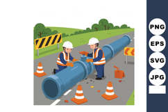 Construction workers fixing large blue pipeline on road with Product Image 1