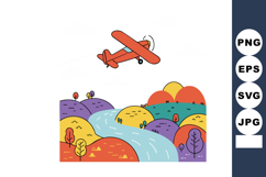 Small red airplane flying over colorful hills river landscap Product Image 1