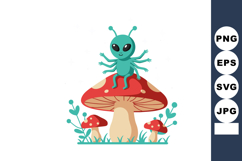 Cute green alien with six arms sitting on red mushroom vecto Product Image 1