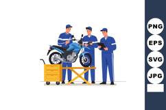 Motorcycle repair team working on blue motorbike in workshop Product Image 1