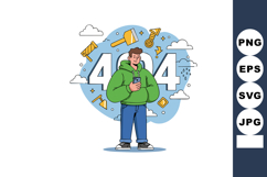 Young man standing with phone in front of 404 error code vec Product Image 1