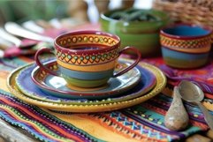 Vibrant handpainted ceramic tableware on textured cloth Product Image 1