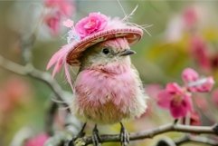 Pink bird wearing fancy hat sitting on branch in spring Product Image 1