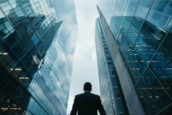 Businessman looking up at modern skyscrapers in the city Product Image 1