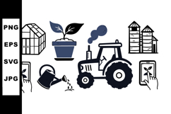 Black And White Farm Tractor And Plant Clipart Set Product Image 1