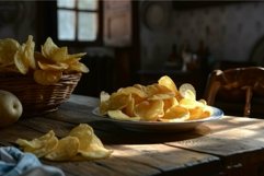 Golden potato chips on rustic kitchen table Product Image 1