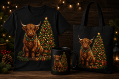 Christmas Highland Cow PNG with Tree &amp; Lights Sublimation Product Image 1