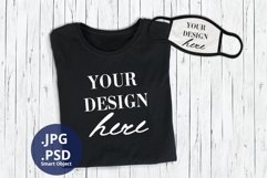 Black T-shirt & Face Mask Mockup, Folded T-shirt PSD mock up Product Image 1
