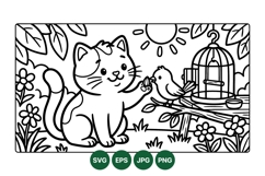 Hand Drawn Cute Cat And Bird Garden Illustration Product Image 1