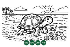 Cute Turtle At The Beach Coloring Svg Design Product Image 1
