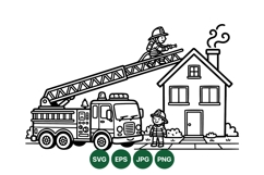Black And White Fire Truck And Firefighter Illustration Product Image 1