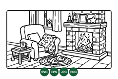 Hand Drawn Cozy Winter Fireplace Scene Illustration Product Image 1