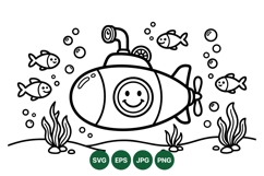 Cute Submarine Cartoon Svg For Kids Coloring Product Image 1
