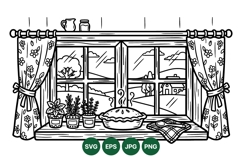 Black Line Art Country Kitchen Window Illustration Product Image 1