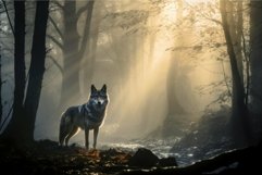 Majestic wolf in misty forest at sunrise Product Image 1