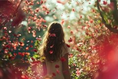 Dreamy girl amidst falling petals in sunlit garden Product Image 1