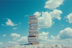 Towering stack of books against a cloudy sky Product Image 1