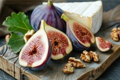 Fresh figs and walnuts arranged on rustic wooden cutting boa Product Image 1