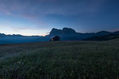 Flowers and cottages at Alpe di Siusi at sundown Product Image 1